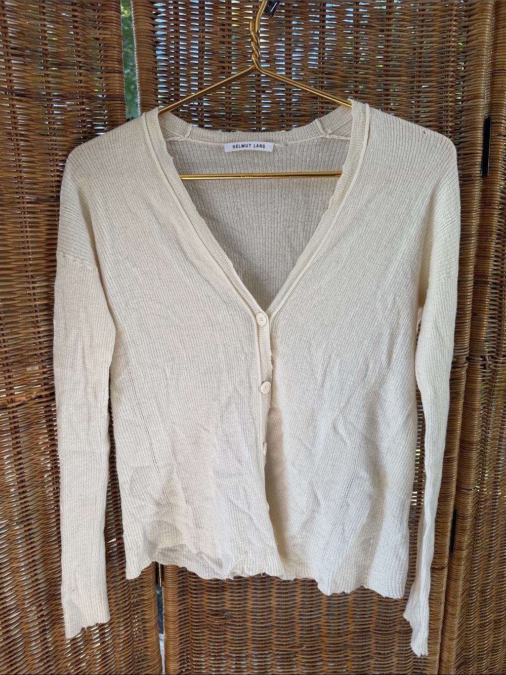 Helmut Lang Off-White Ribbed V-Neck Cardigan